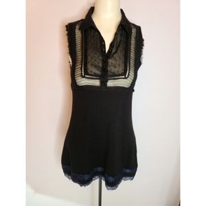 FREE PEOPLE black sheer button down dress with blue lace accents Small